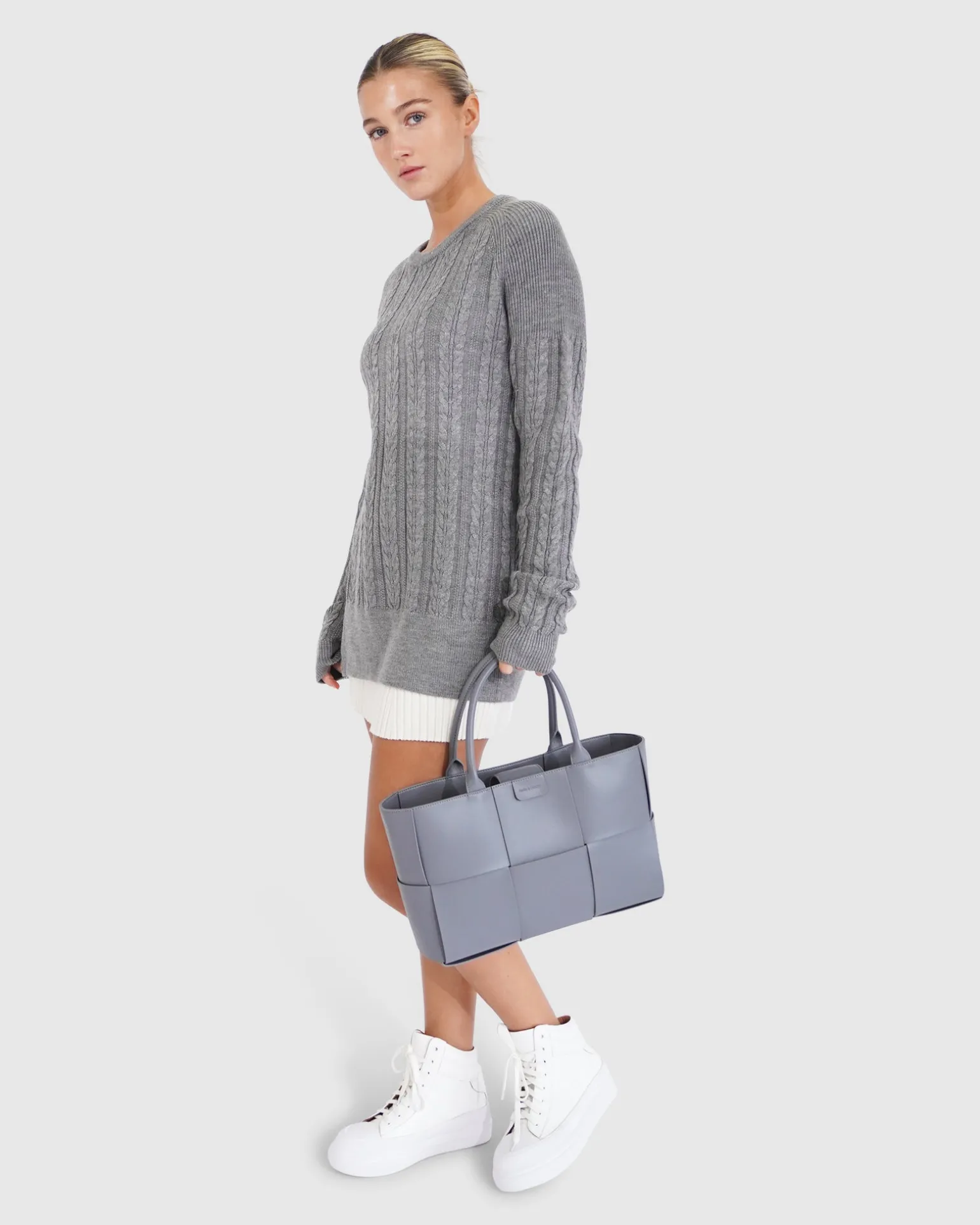 Belle & Bloom Sweaters | Sweaters>At Last Cable Knit Jumper with Slit - Grey Marle