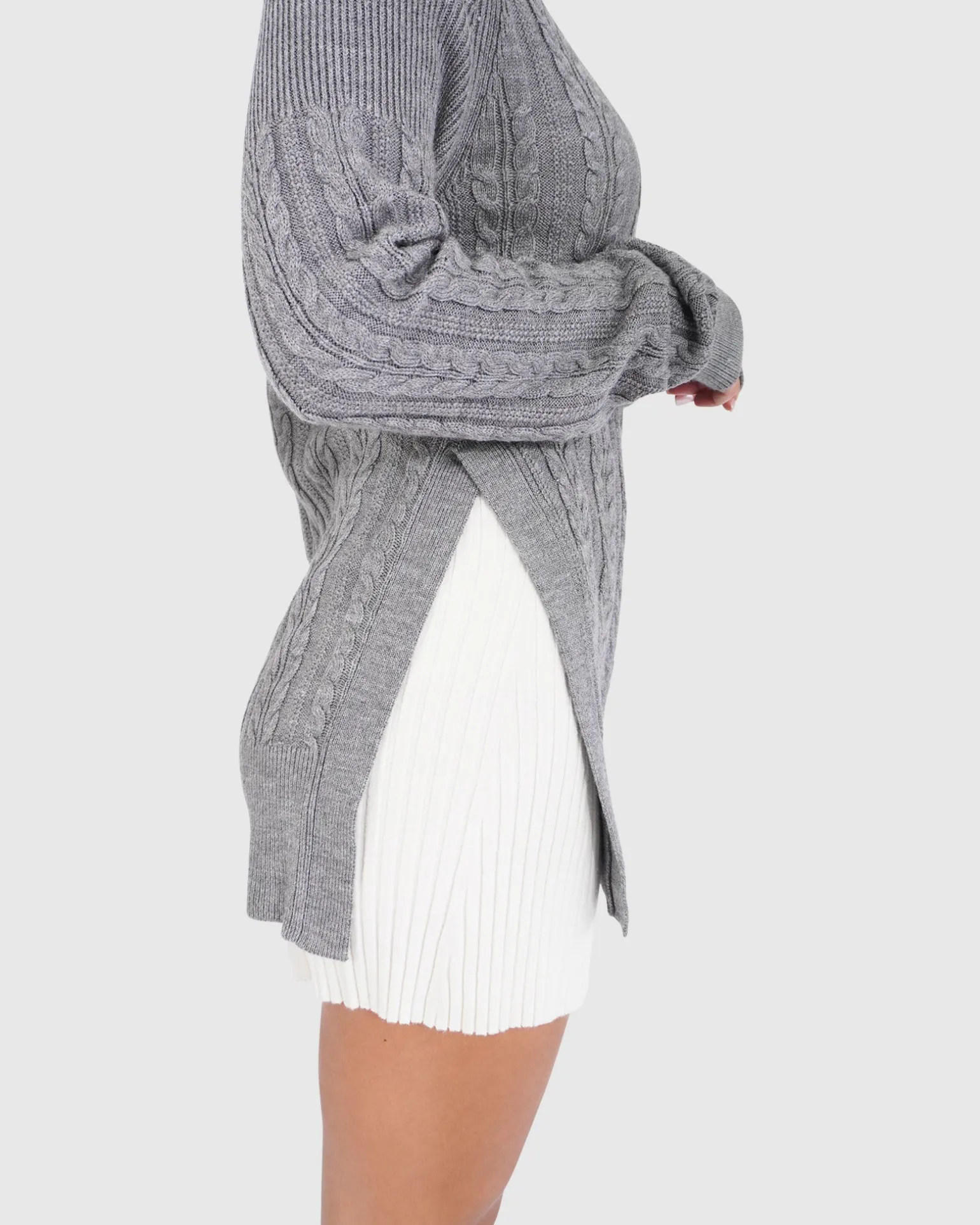 Belle & Bloom Sweaters | Sweaters>At Last Cable Knit Jumper with Slit - Grey Marle