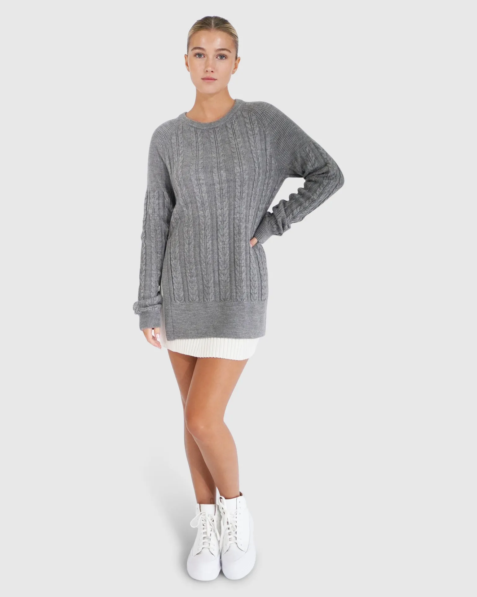 Belle & Bloom Sweaters | Sweaters>At Last Cable Knit Jumper with Slit - Grey Marle