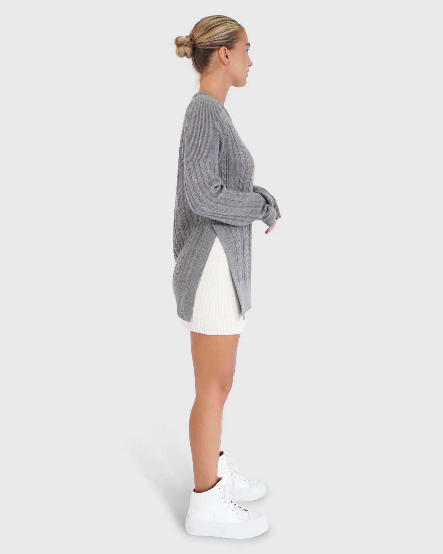 Belle & Bloom Sweaters | Sweaters>At Last Cable Knit Jumper with Slit - Grey Marle