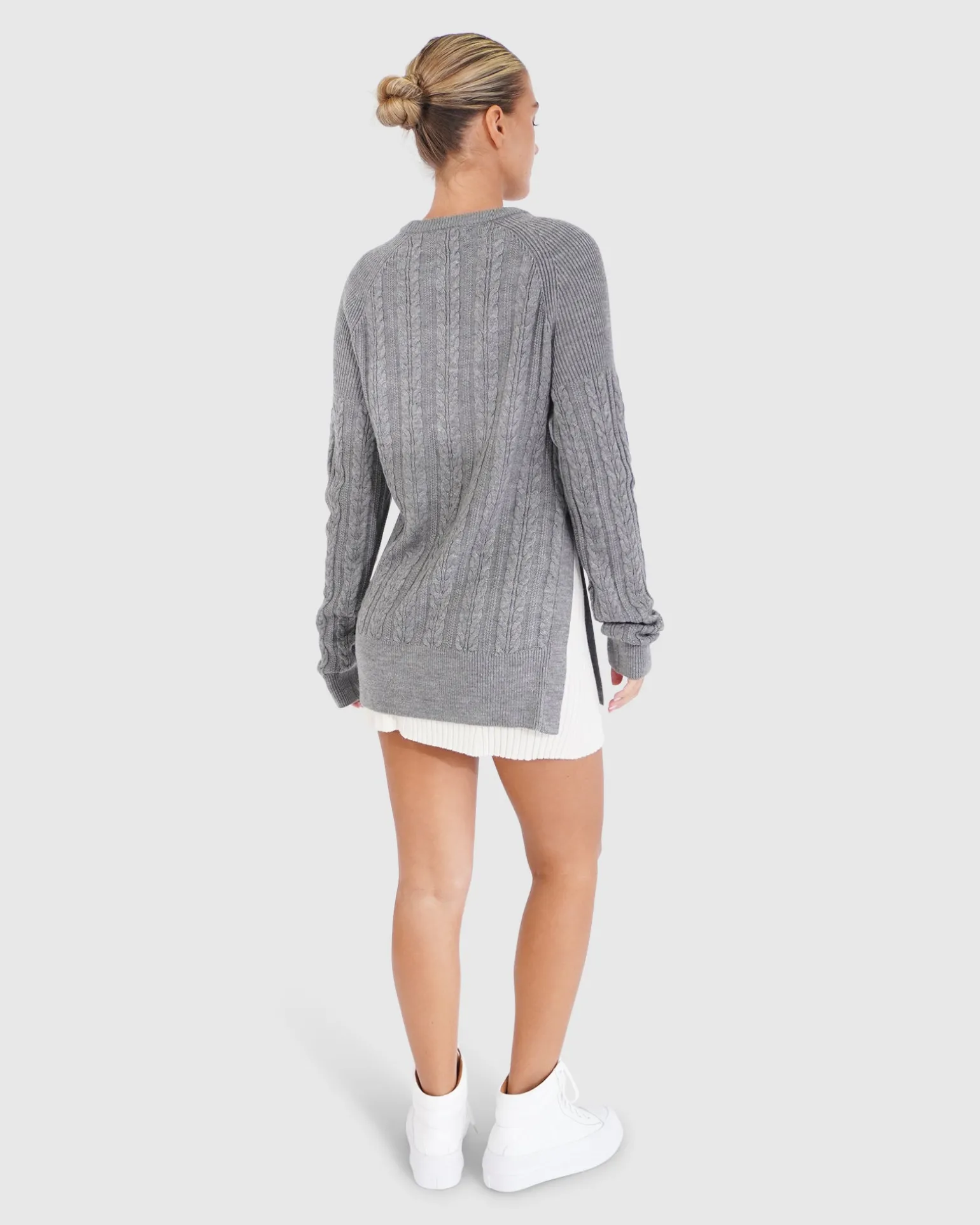 Belle & Bloom Sweaters | Sweaters>At Last Cable Knit Jumper with Slit - Grey Marle