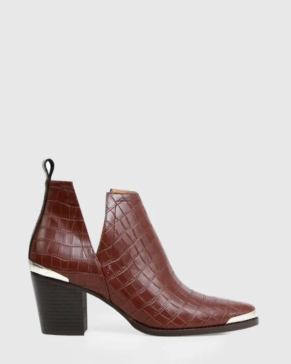 Belle & Bloom Boots>Austin Croc Embossed Ankle Boot - Chocolate FINAL SALE