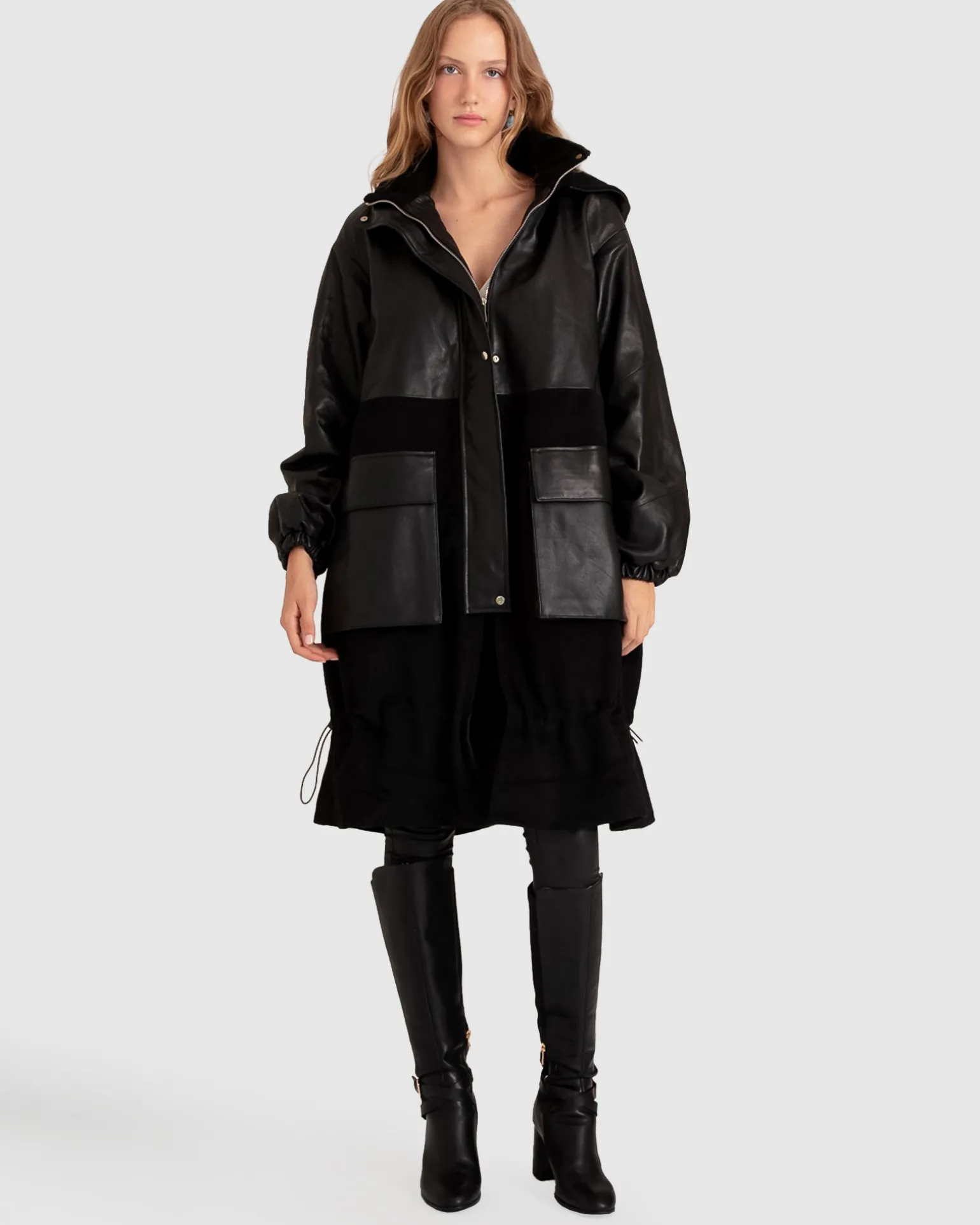 Belle & Bloom Premium Coats | Wool Coats>Back to Oversized Leather Panelled Coat -