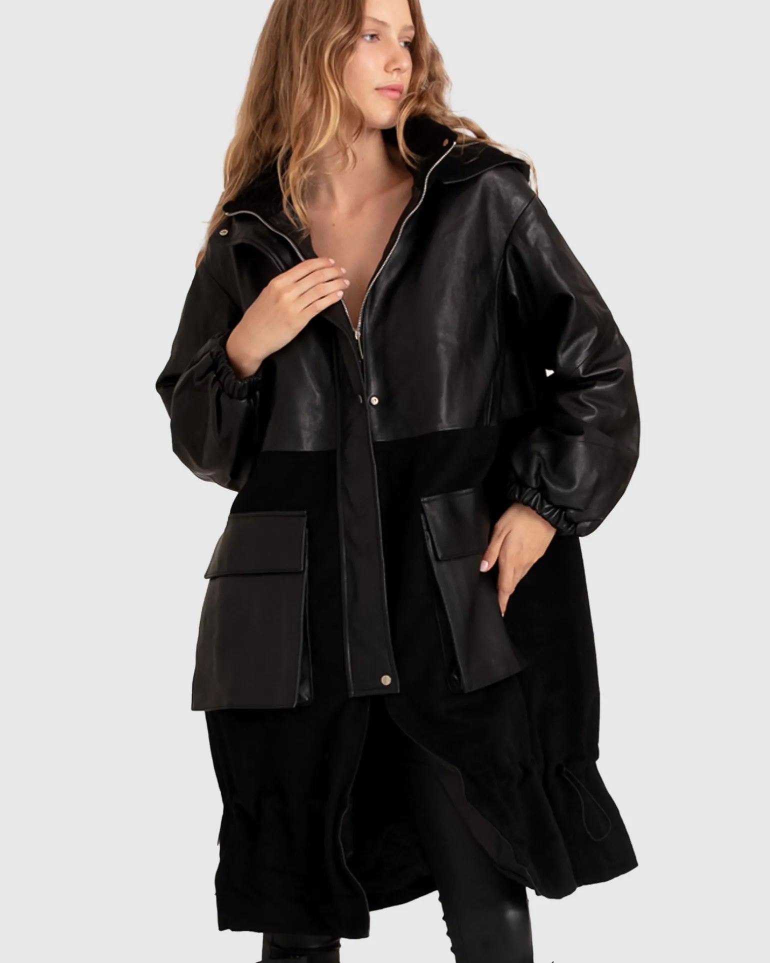 Belle & Bloom Premium Coats | Wool Coats>Back to Oversized Leather Panelled Coat -