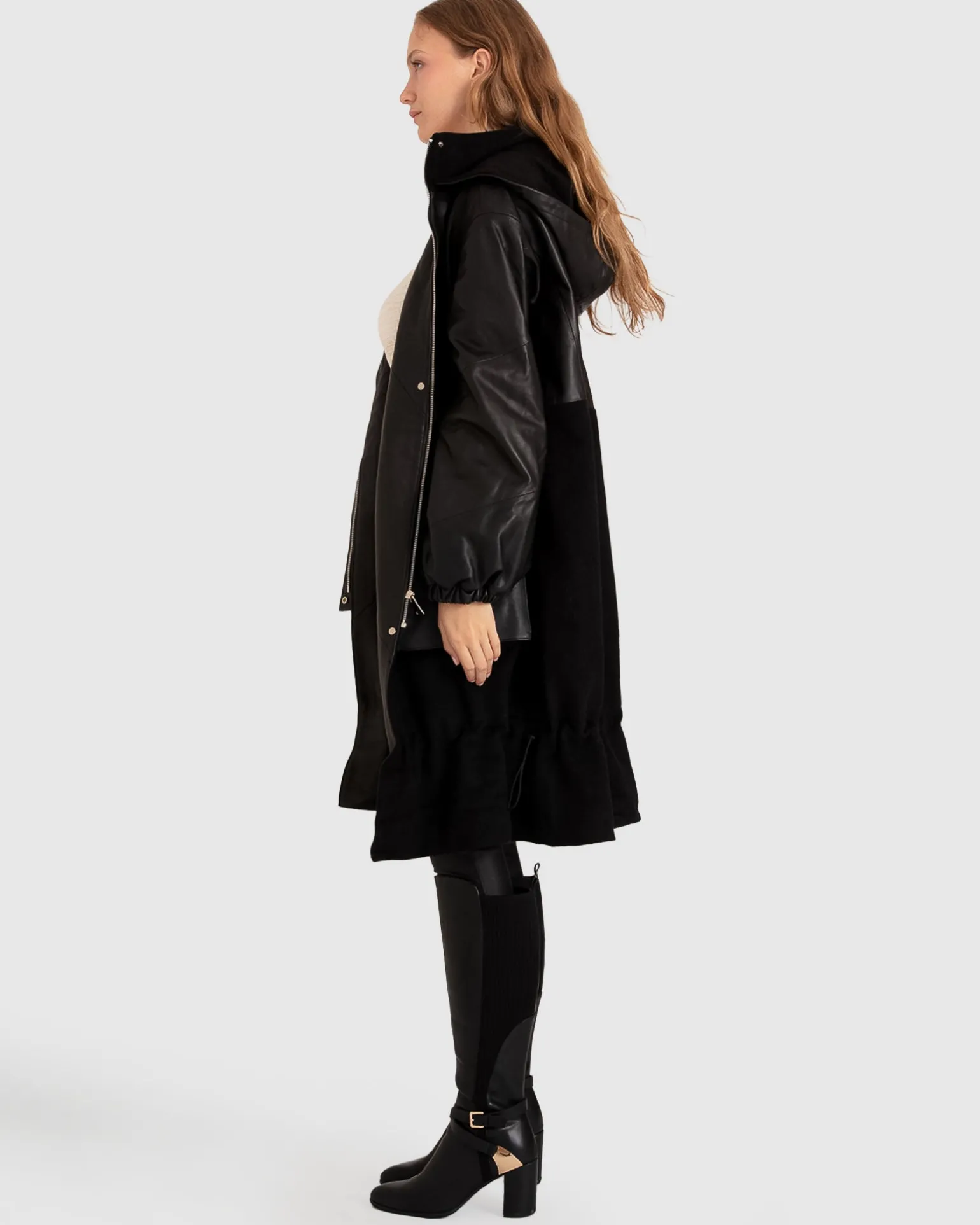Belle & Bloom Premium Coats | Wool Coats>Back to Oversized Leather Panelled Coat -