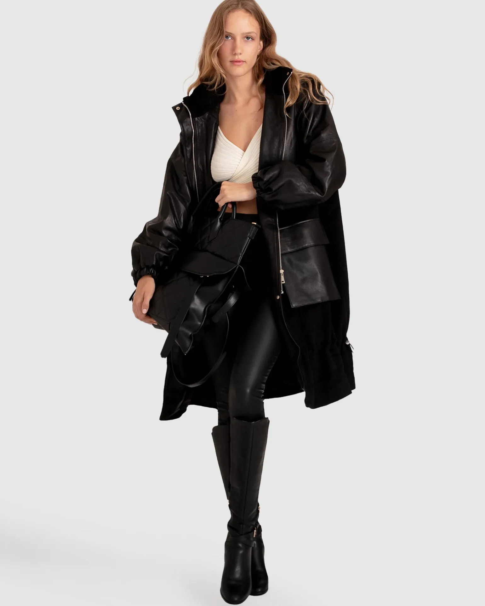 Belle & Bloom Premium Coats | Wool Coats>Back to Oversized Leather Panelled Coat -
