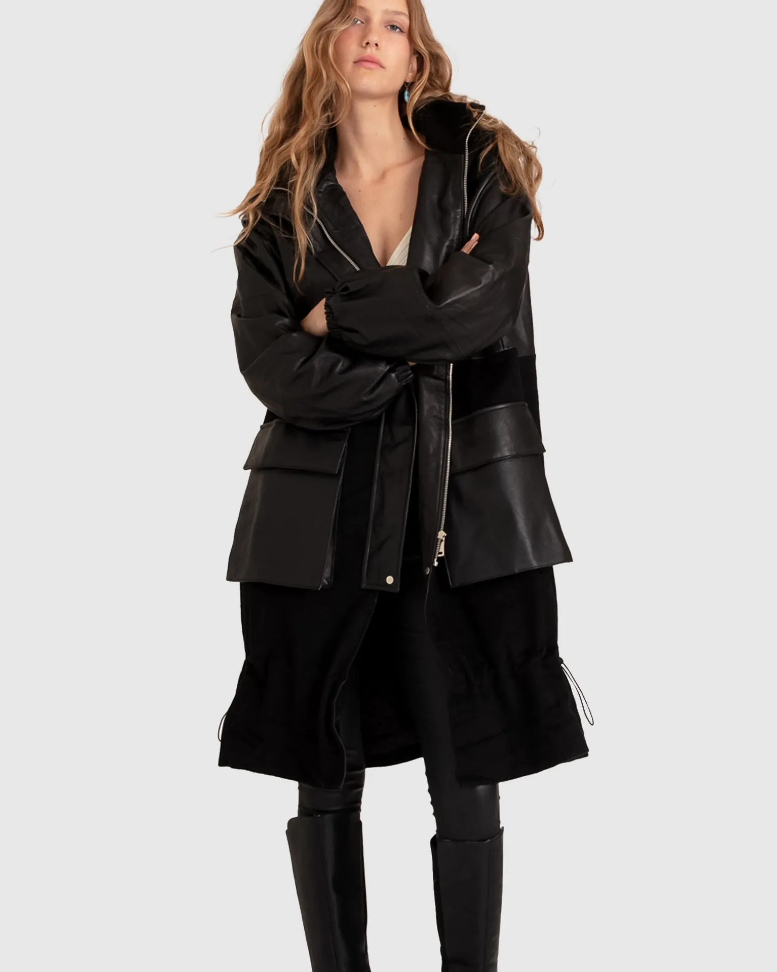 Belle & Bloom Premium Coats | Wool Coats>Back to Oversized Leather Panelled Coat -