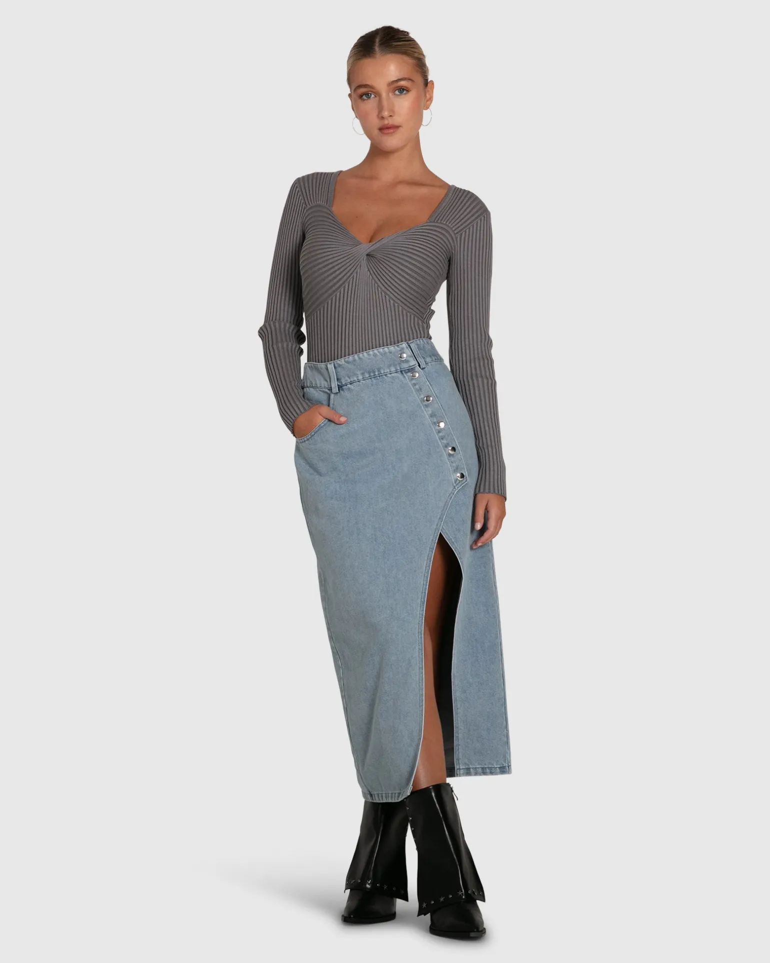 Belle & Bloom Skirts>Can't Forget You Denim Midi Skirt