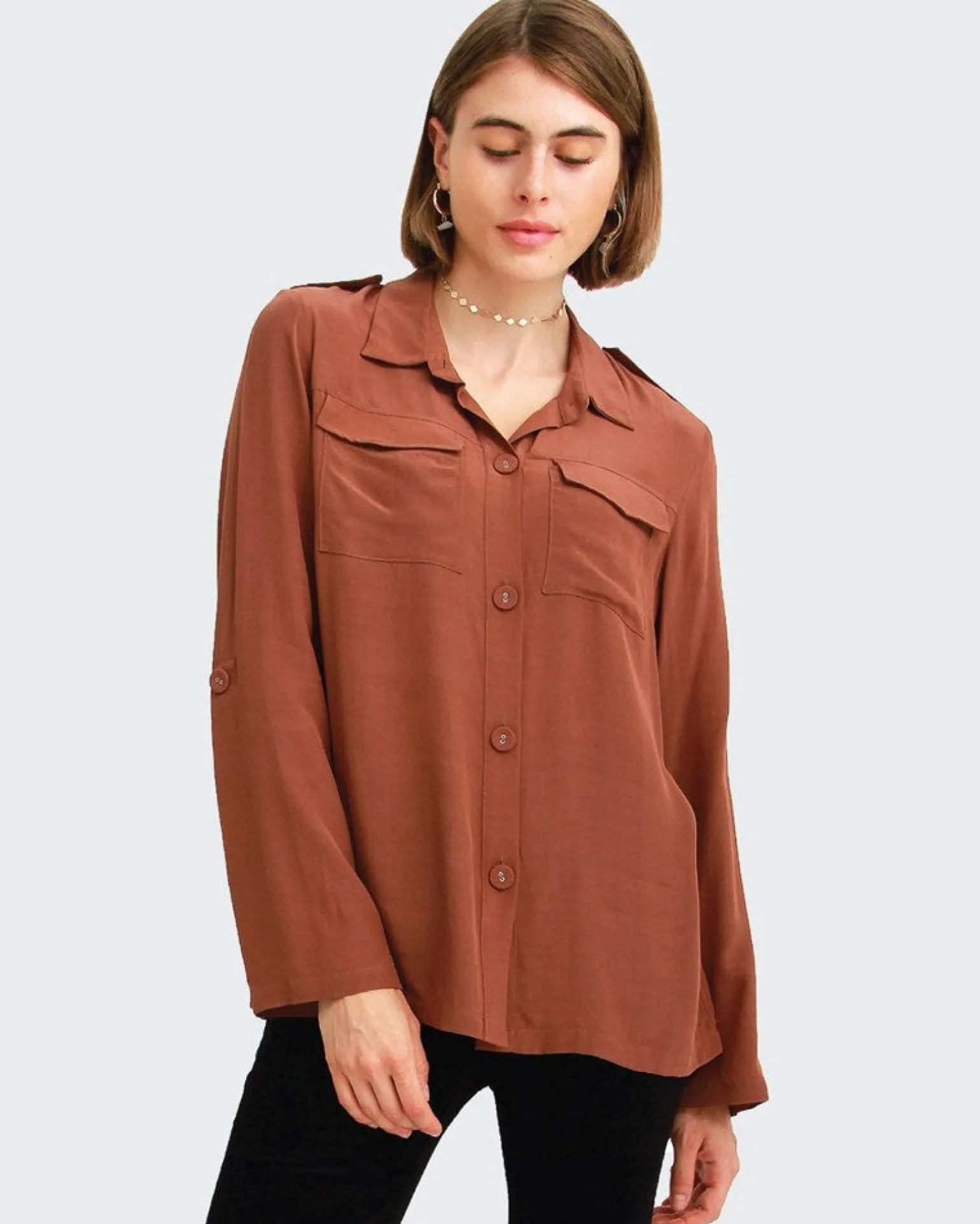Belle & Bloom Shirts & Blouses>Eclipse Rolled Sleeve Blouse - Brown FINAL SALE