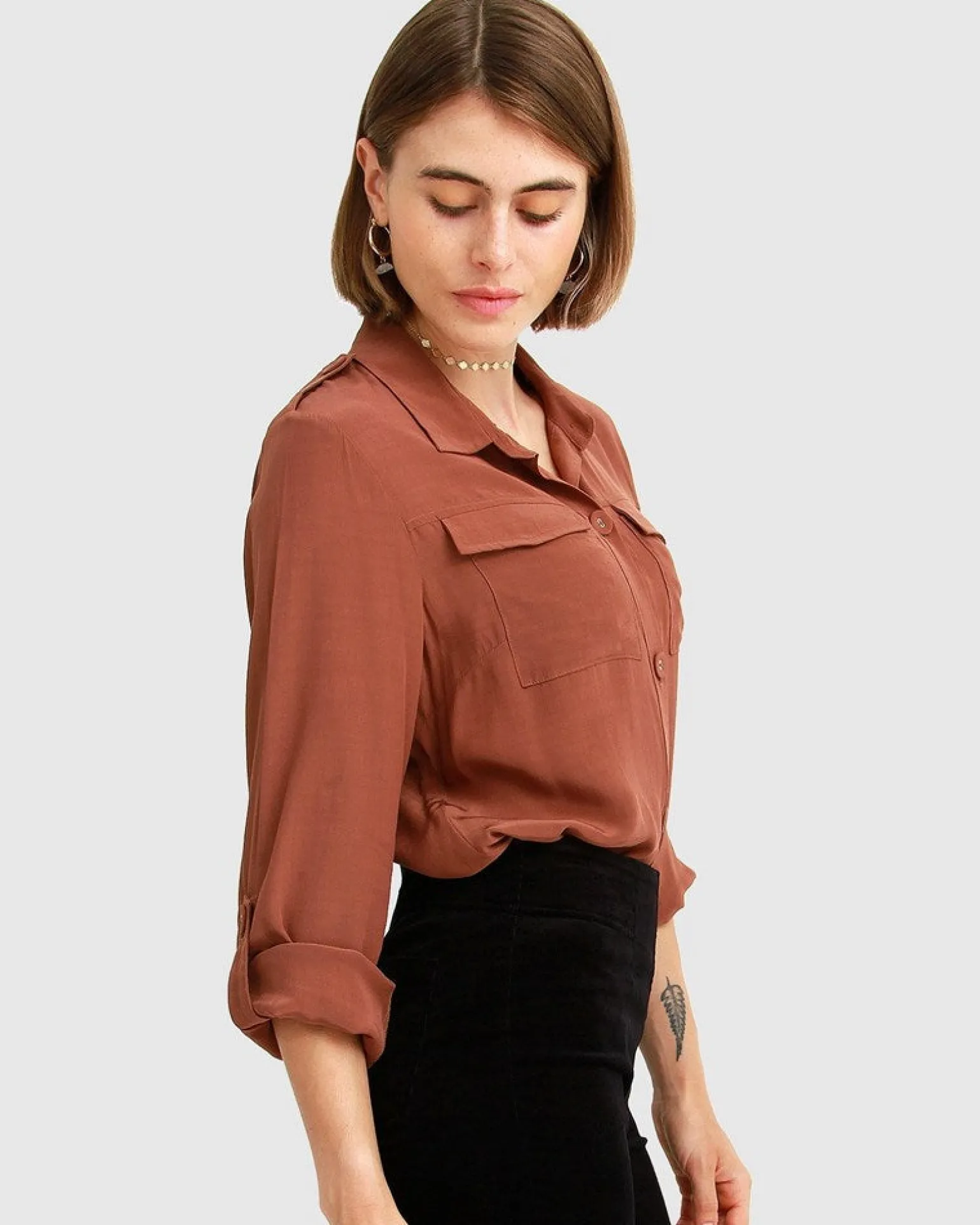 Belle & Bloom Shirts & Blouses>Eclipse Rolled Sleeve Blouse - Brown FINAL SALE