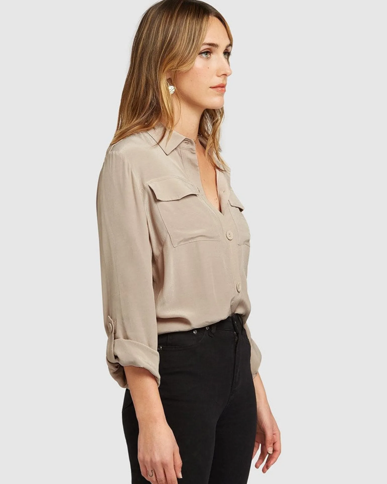 Belle & Bloom Shirts & Blouses>Eclipse Rolled Sleeve Blouse - Sand FINAL SALE