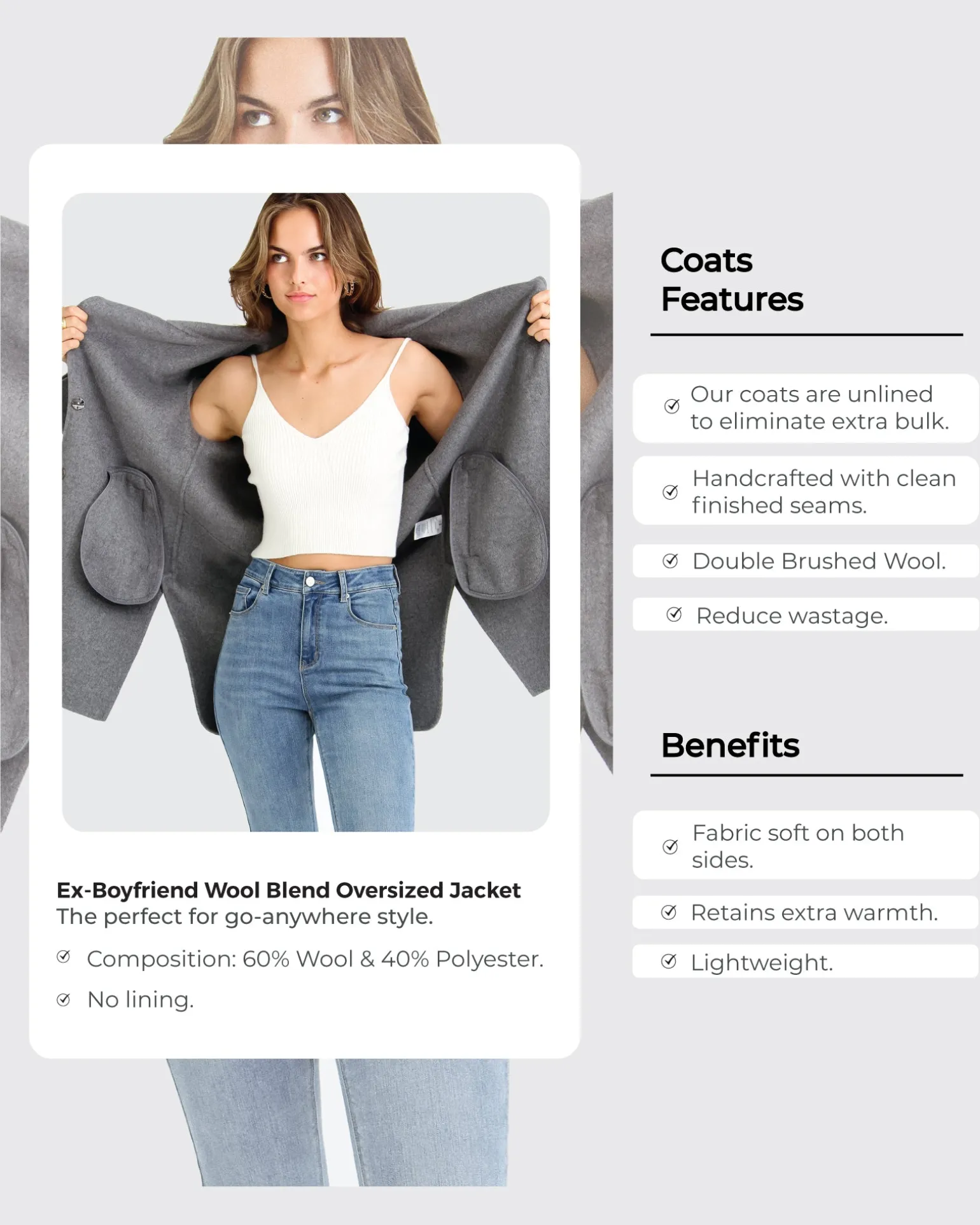 Belle & Bloom Wool Coats | Wool Coats>Ex-Boyfriend Wool Blend Oversized Jacket - Lilac