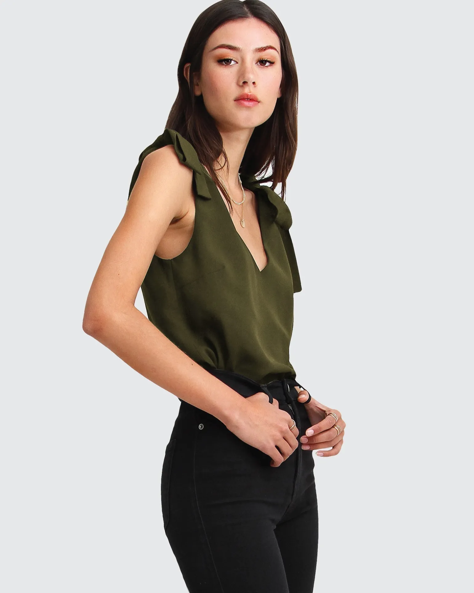Belle & Bloom Shirts & Blouses>Feel For You V-Neck Top - Military