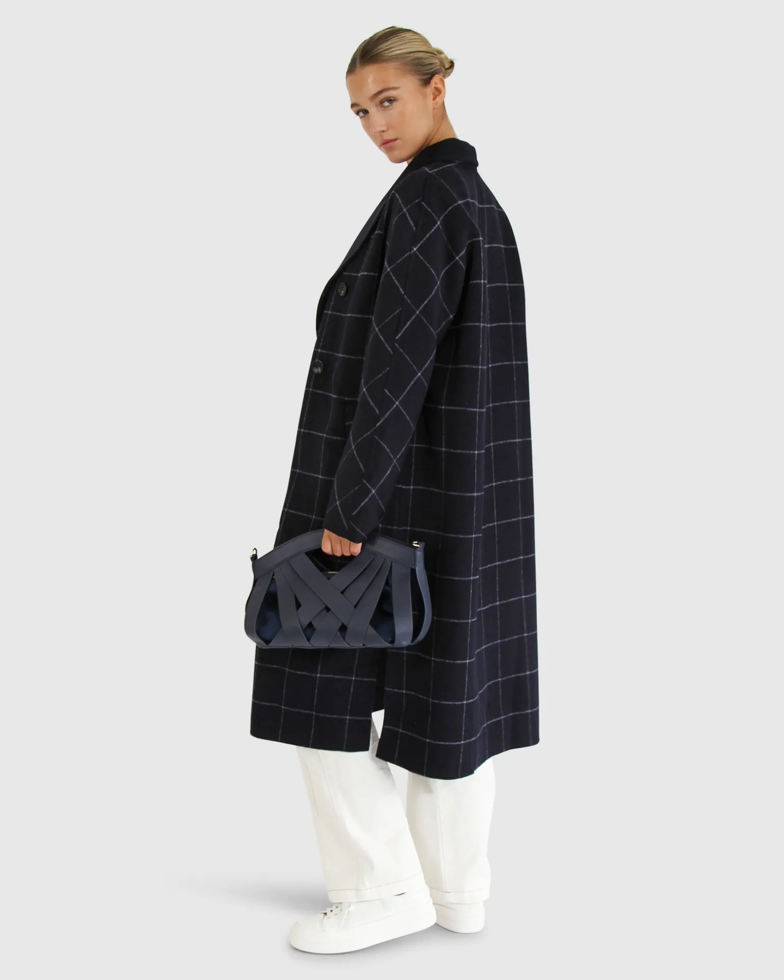 Belle & Bloom Wool Coats | Wool Coats>Guestlist Oversized Double Breasted Coat - Navy Plaid