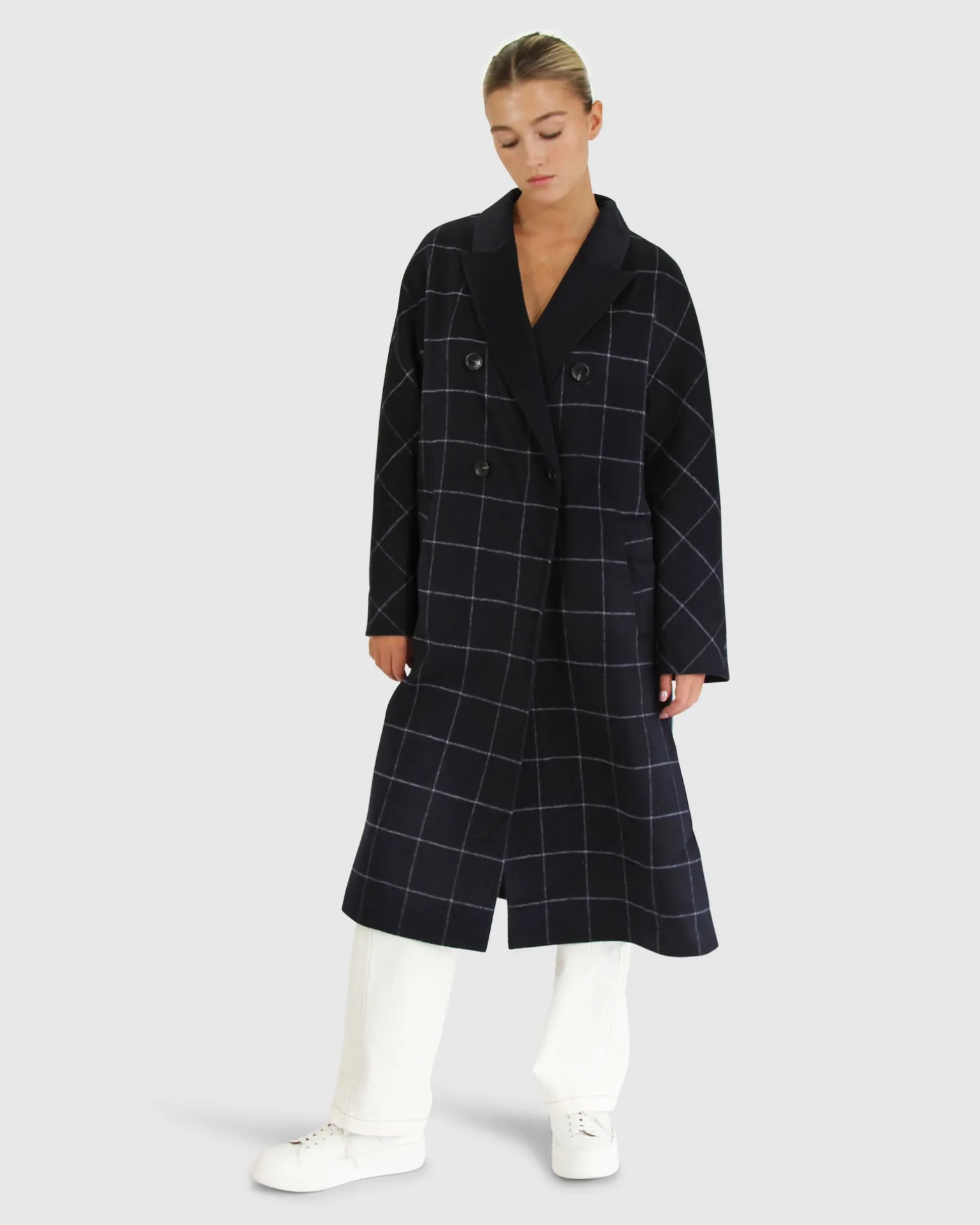 Belle & Bloom Wool Coats | Wool Coats>Guestlist Oversized Double Breasted Coat - Navy Plaid