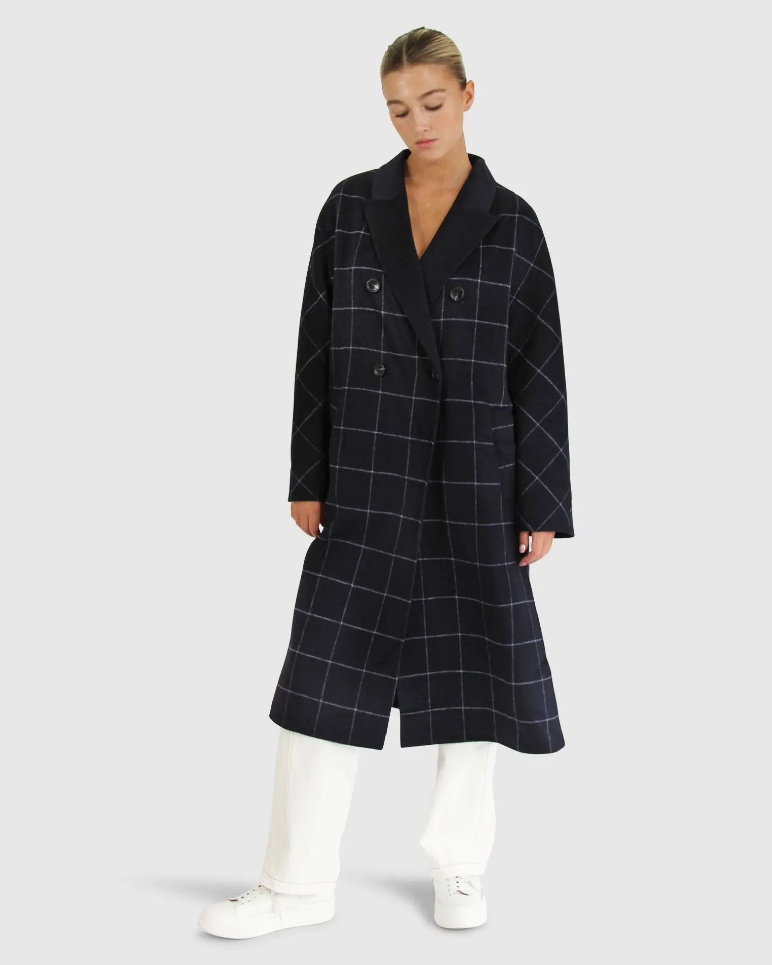 Belle & Bloom Wool Coats | Wool Coats>Guestlist Oversized Double Breasted Coat - Navy Plaid