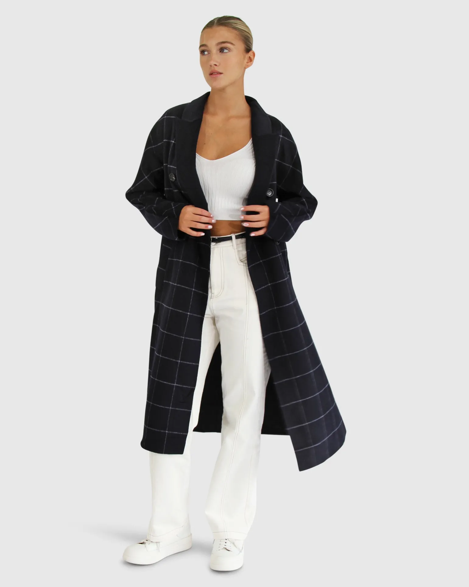 Belle & Bloom Wool Coats | Wool Coats>Guestlist Oversized Double Breasted Coat - Navy Plaid
