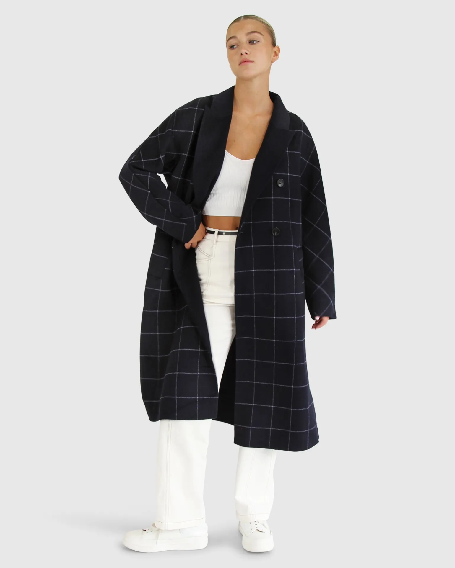 Belle & Bloom Wool Coats | Wool Coats>Guestlist Oversized Double Breasted Coat - Navy Plaid