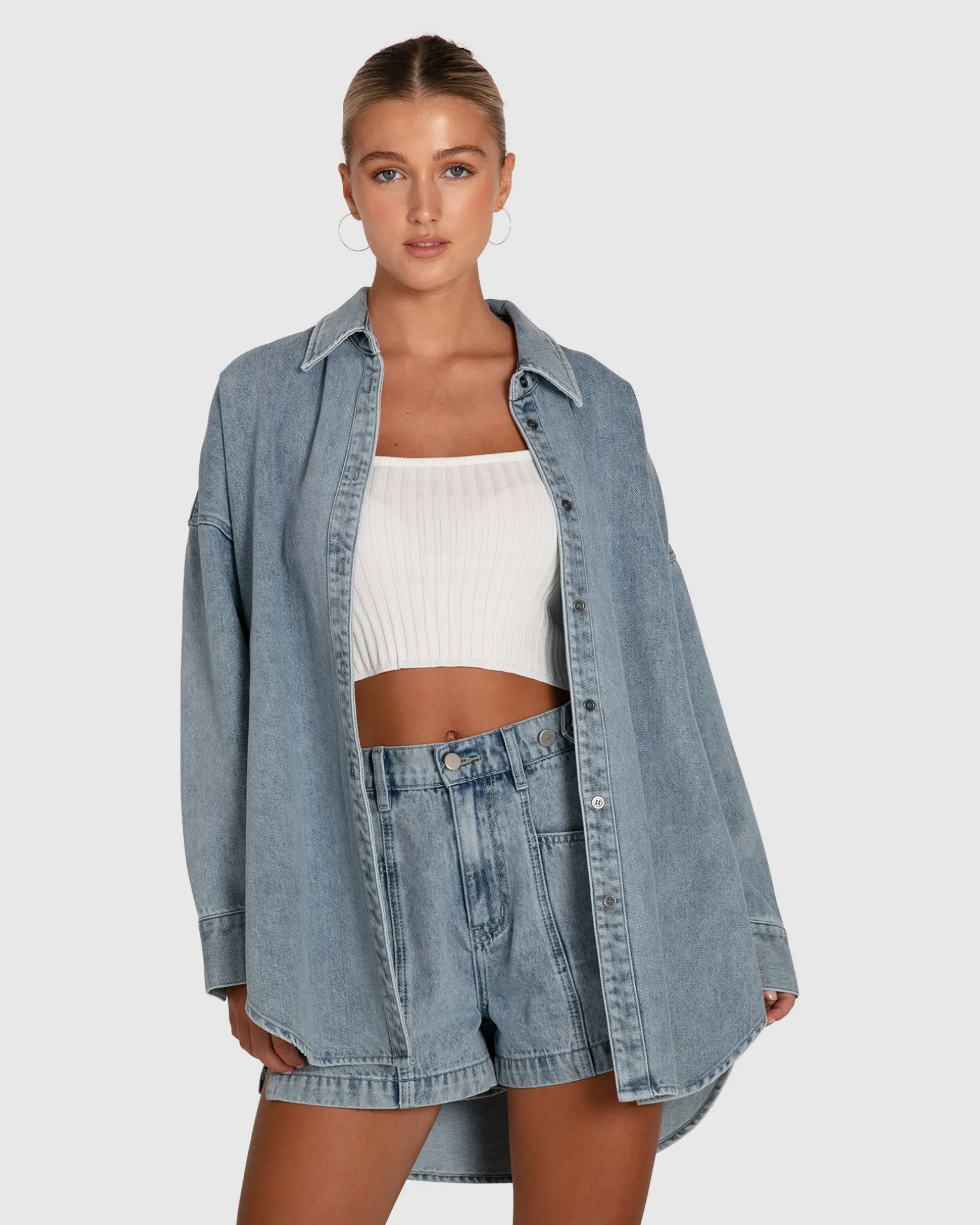 Belle & Bloom Shirts & Blouses>Into Him Oversized Denim Shirt -