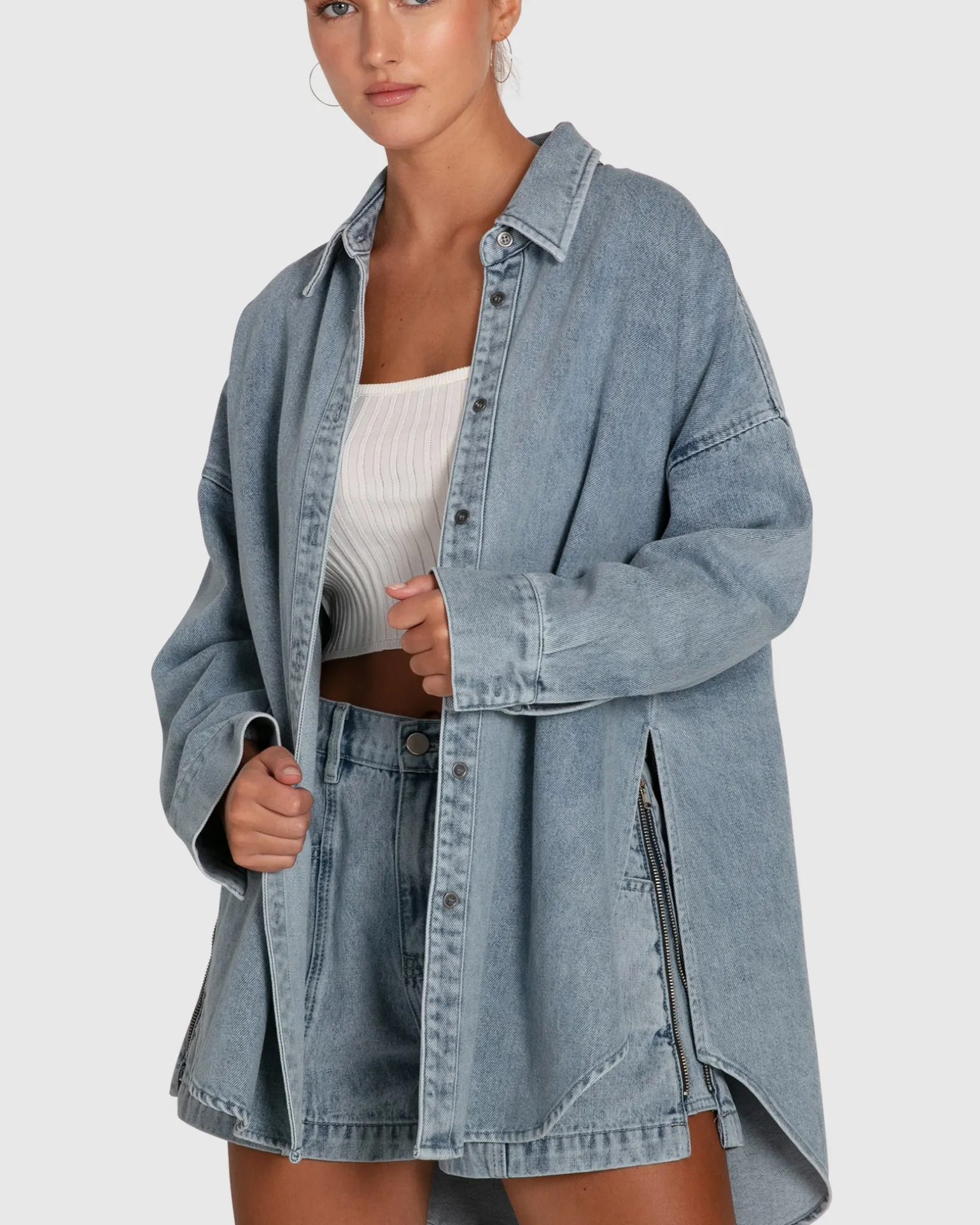 Belle & Bloom Shirts & Blouses>Into Him Oversized Denim Shirt -
