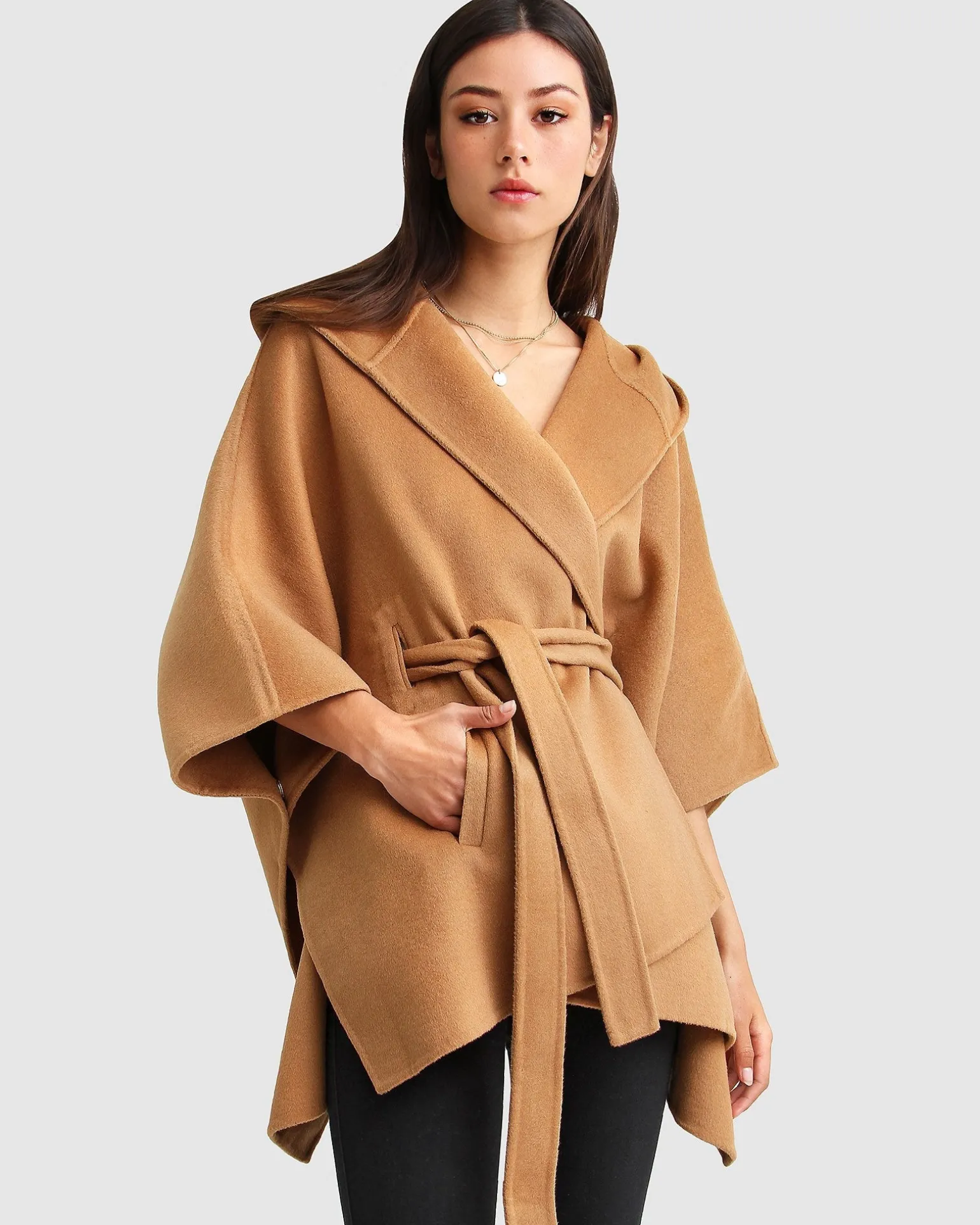 Belle & Bloom Belted Coats | Wool Coats>Jackson Landing Wool Blend Cape Coat - Dark Camel
