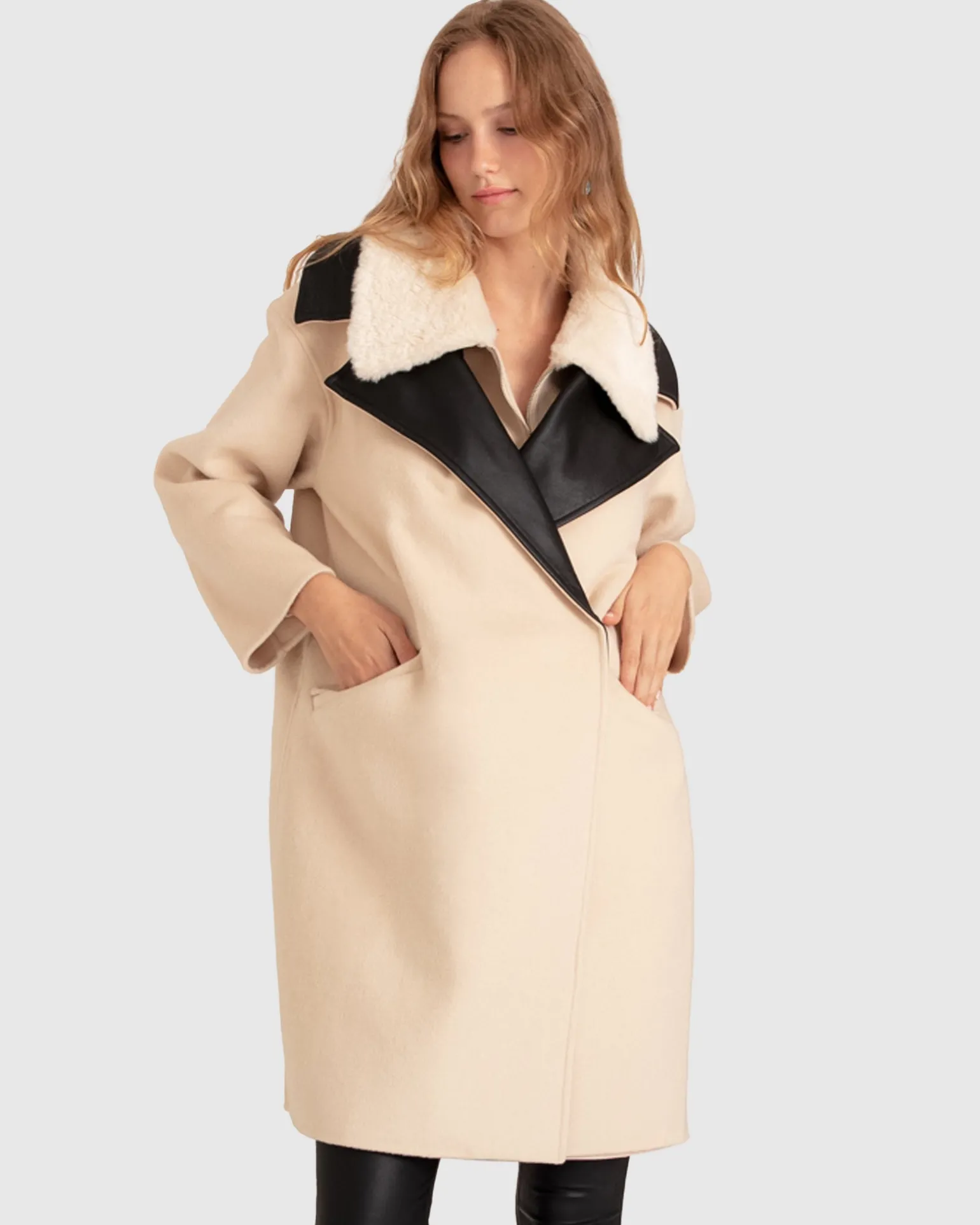 Belle & Bloom Premium Coats | Wool Coats>Watch Me Go Oversized Leather Trimmed Coat - Pale Oat