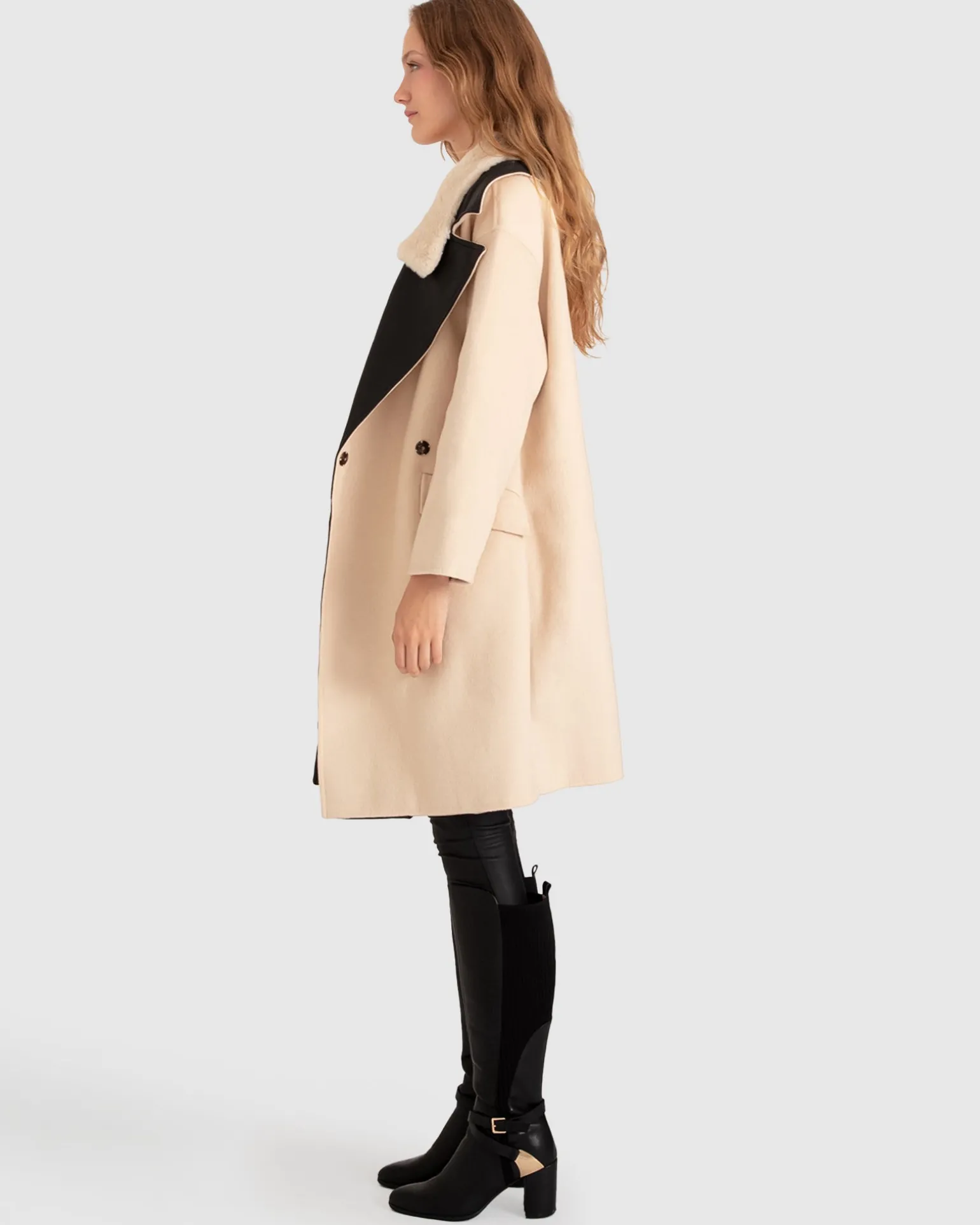 Belle & Bloom Premium Coats | Wool Coats>Watch Me Go Oversized Leather Trimmed Coat - Pale Oat