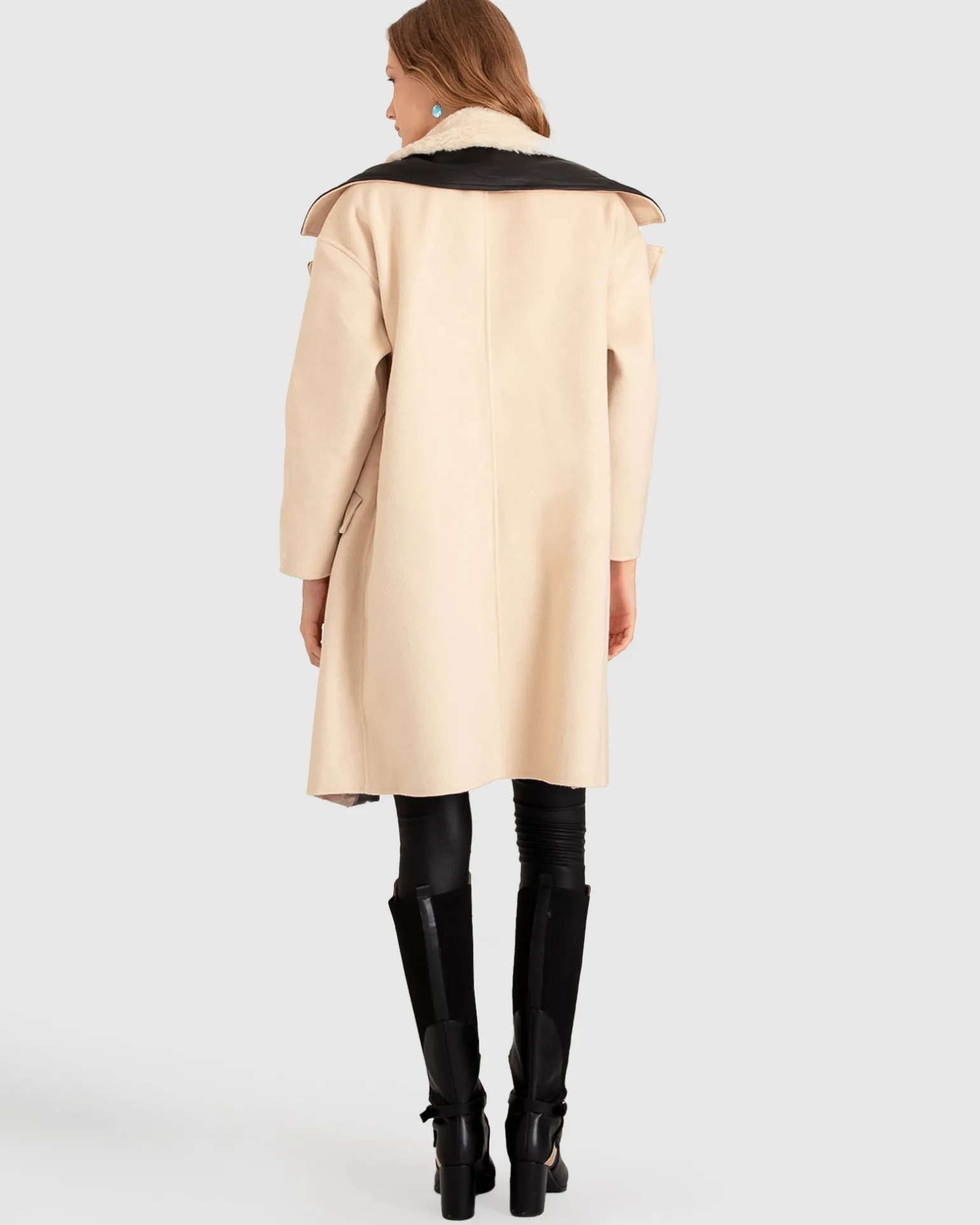 Belle & Bloom Premium Coats | Wool Coats>Watch Me Go Oversized Leather Trimmed Coat - Pale Oat