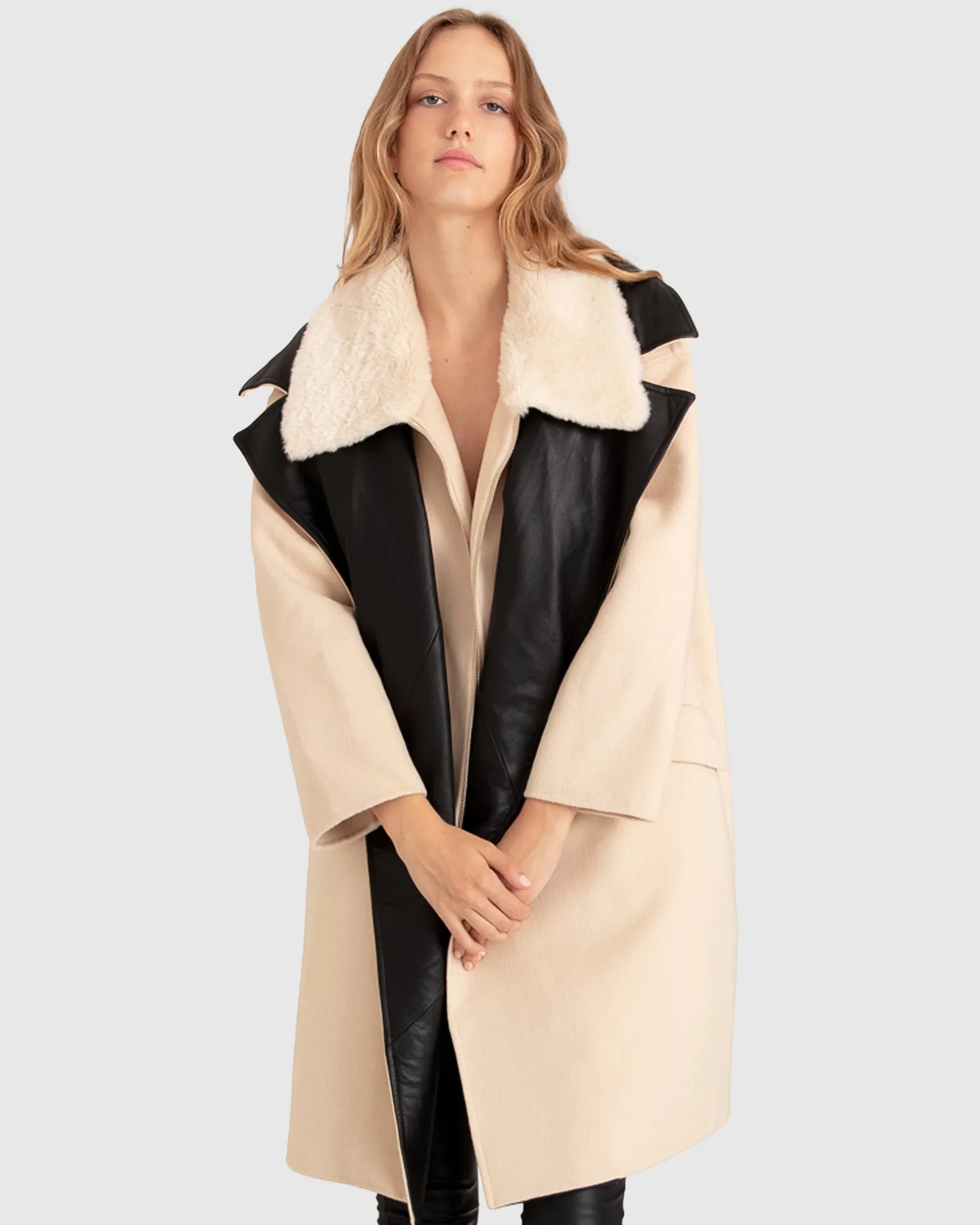 Belle & Bloom Premium Coats | Wool Coats>Watch Me Go Oversized Leather Trimmed Coat - Pale Oat