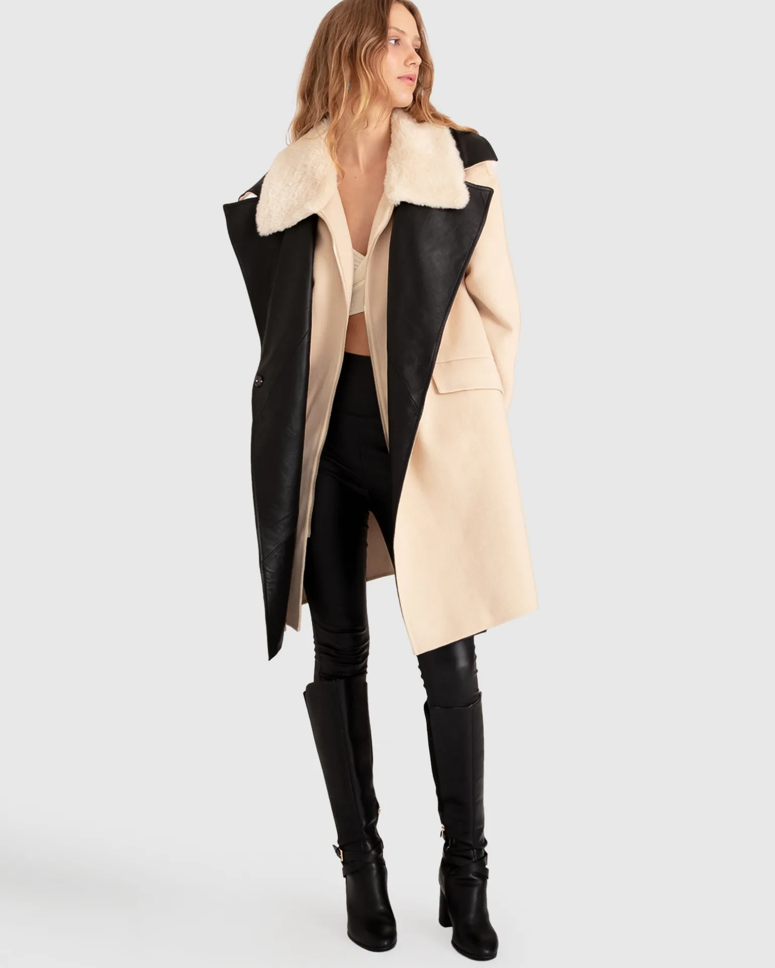 Belle & Bloom Premium Coats | Wool Coats>Watch Me Go Oversized Leather Trimmed Coat - Pale Oat