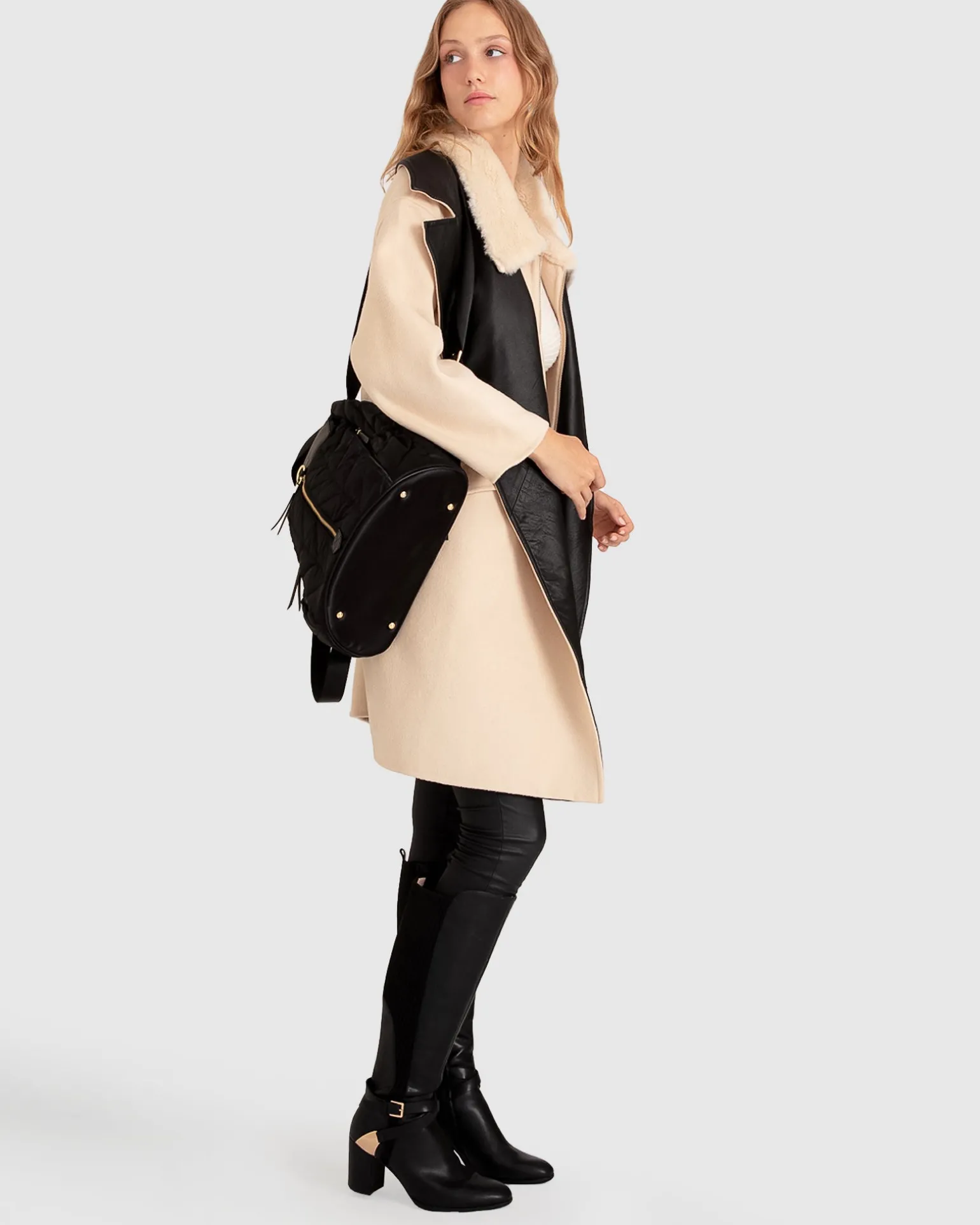 Belle & Bloom Premium Coats | Wool Coats>Watch Me Go Oversized Leather Trimmed Coat - Pale Oat