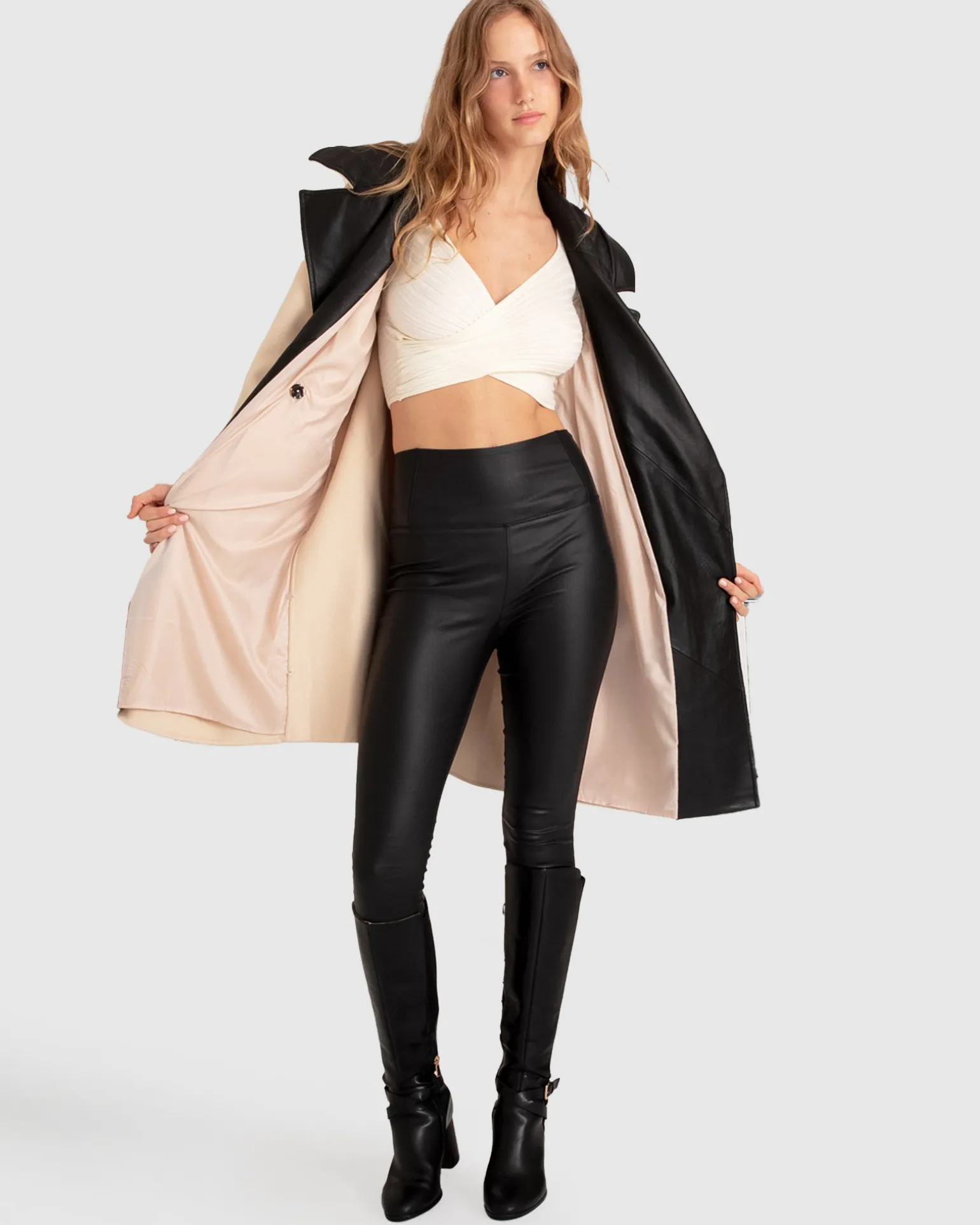 Belle & Bloom Premium Coats | Wool Coats>Watch Me Go Oversized Leather Trimmed Coat - Pale Oat
