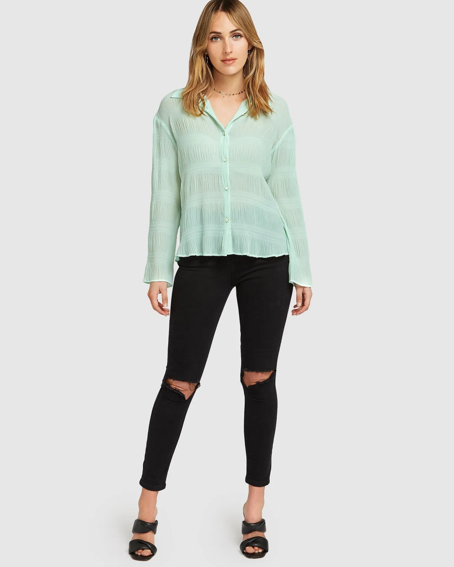 Belle & Bloom Shirts & Blouses>Yoko Shirred Chiffon Blouse - Mint FINAL SALE